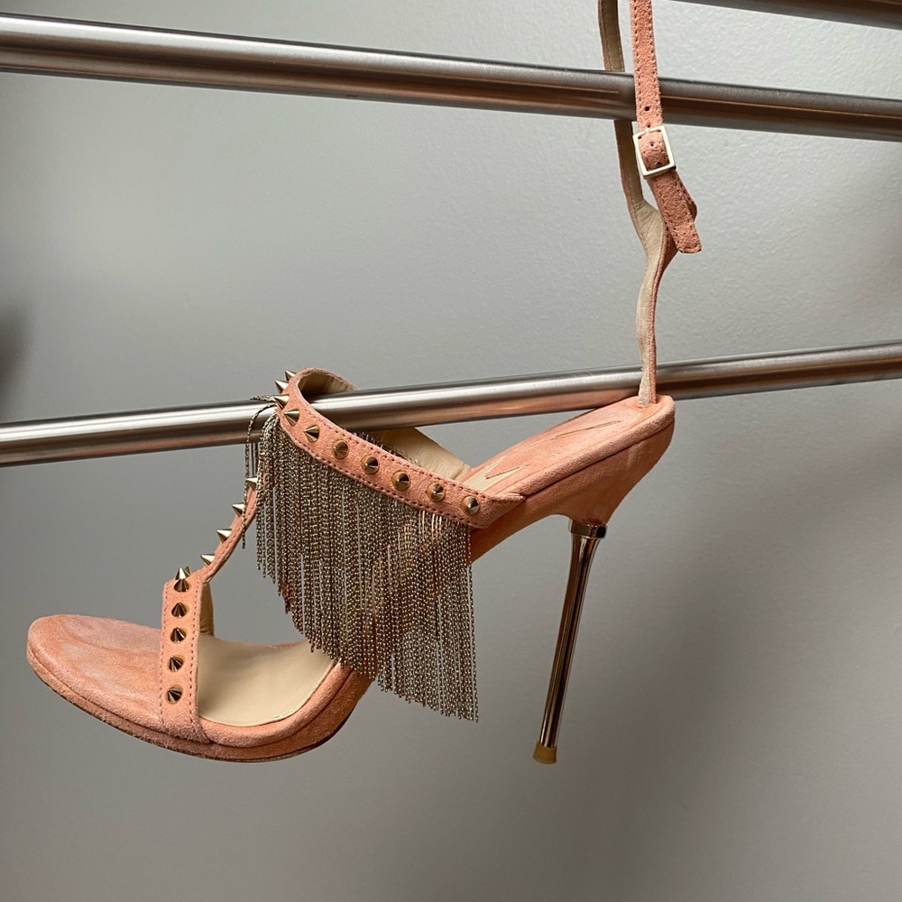 Peach suede with studs & chain fringe; in the box!